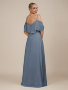 KissDress-Eira Neptune A Line Chiffon Off the Shoulder Ruffled Overlay Long Bridesmaid Dress with Slit