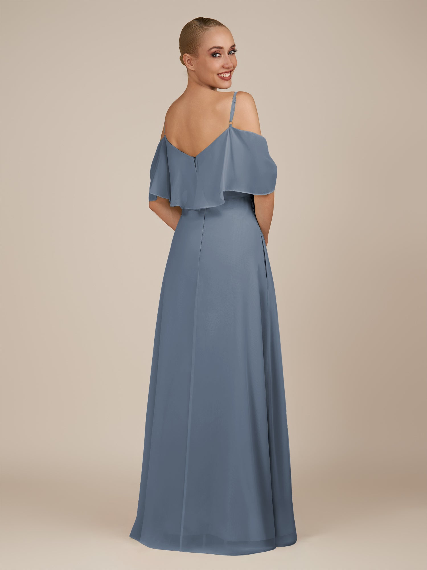KissDress-Eira Neptune A Line Chiffon Off the Shoulder Ruffled Overlay Long Bridesmaid Dress with Slit