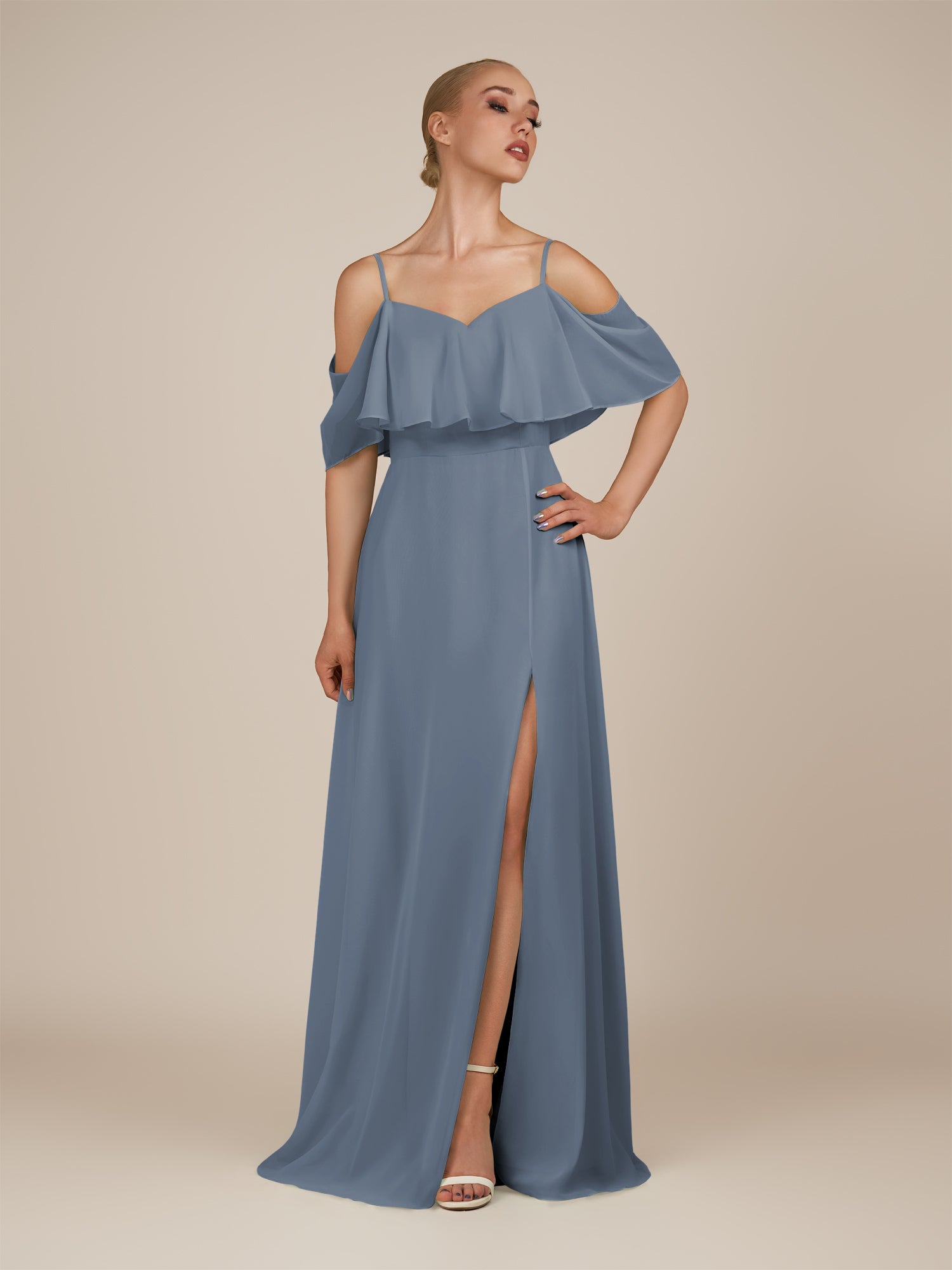 KissDress-Eira Neptune A Line Chiffon Off the Shoulder Ruffled Overlay Long Bridesmaid Dress with Slit