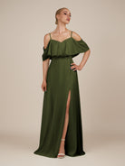 KissDress-Eira Olive A Line Chiffon Off the Shoulder Ruffled Overlay Long Bridesmaid Dress with Slit