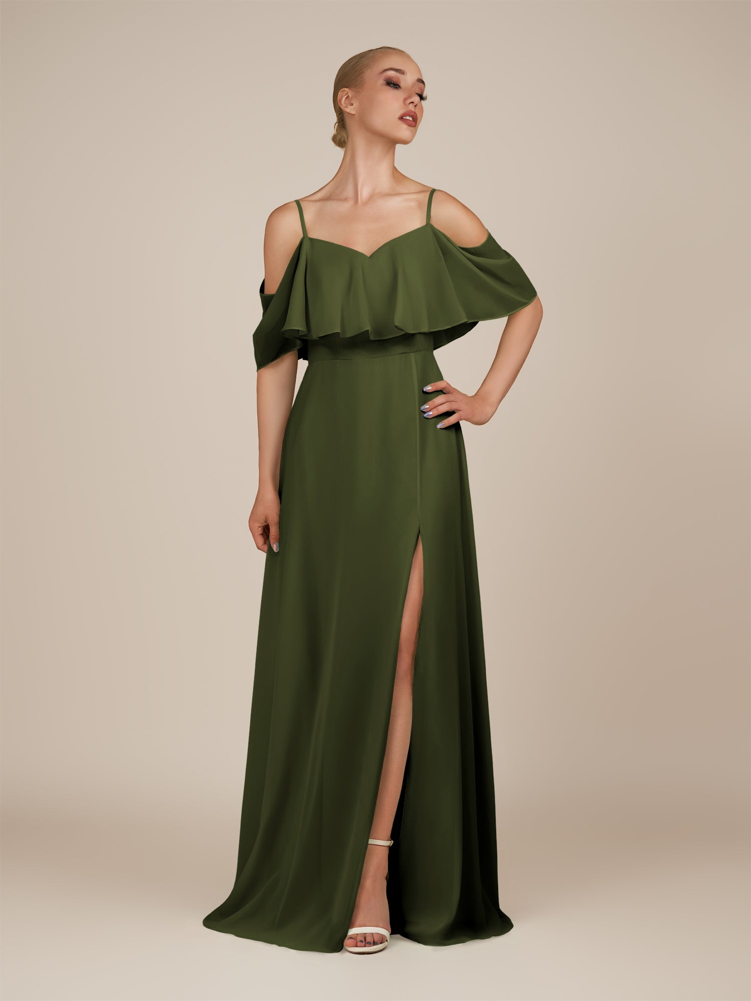 KissDress-Eira Olive A Line Chiffon Off the Shoulder Ruffled Overlay Long Bridesmaid Dress with Slit