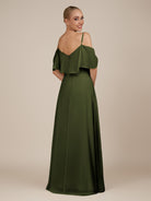 KissDress-Eira Olive A Line Chiffon Off the Shoulder Ruffled Overlay Long Bridesmaid Dress with Slit