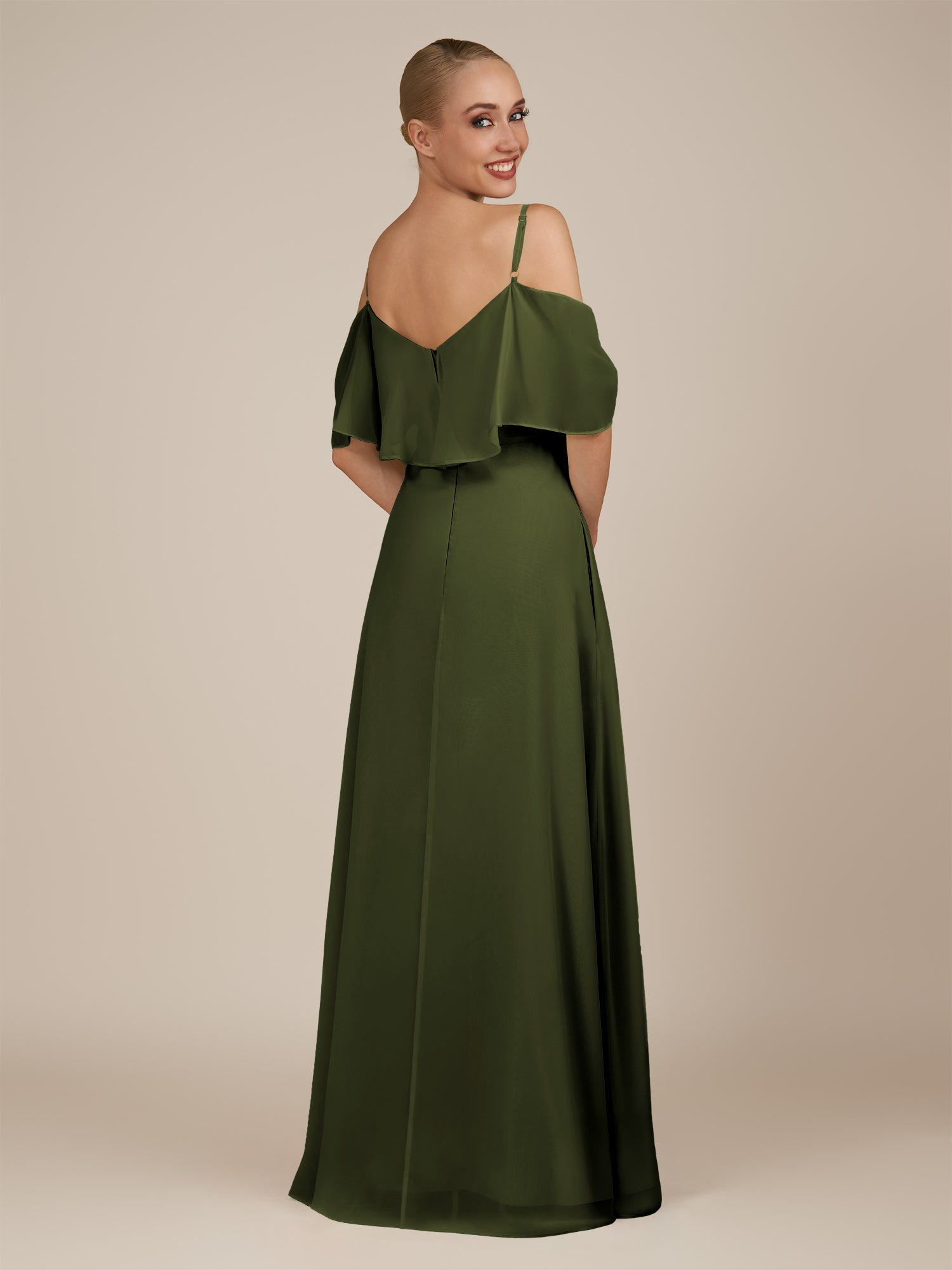 KissDress-Eira Olive A Line Chiffon Off the Shoulder Ruffled Overlay Long Bridesmaid Dress with Slit