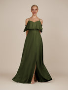 KissDress-Eira Olive A Line Chiffon Off the Shoulder Ruffled Overlay Long Bridesmaid Dress with Slit