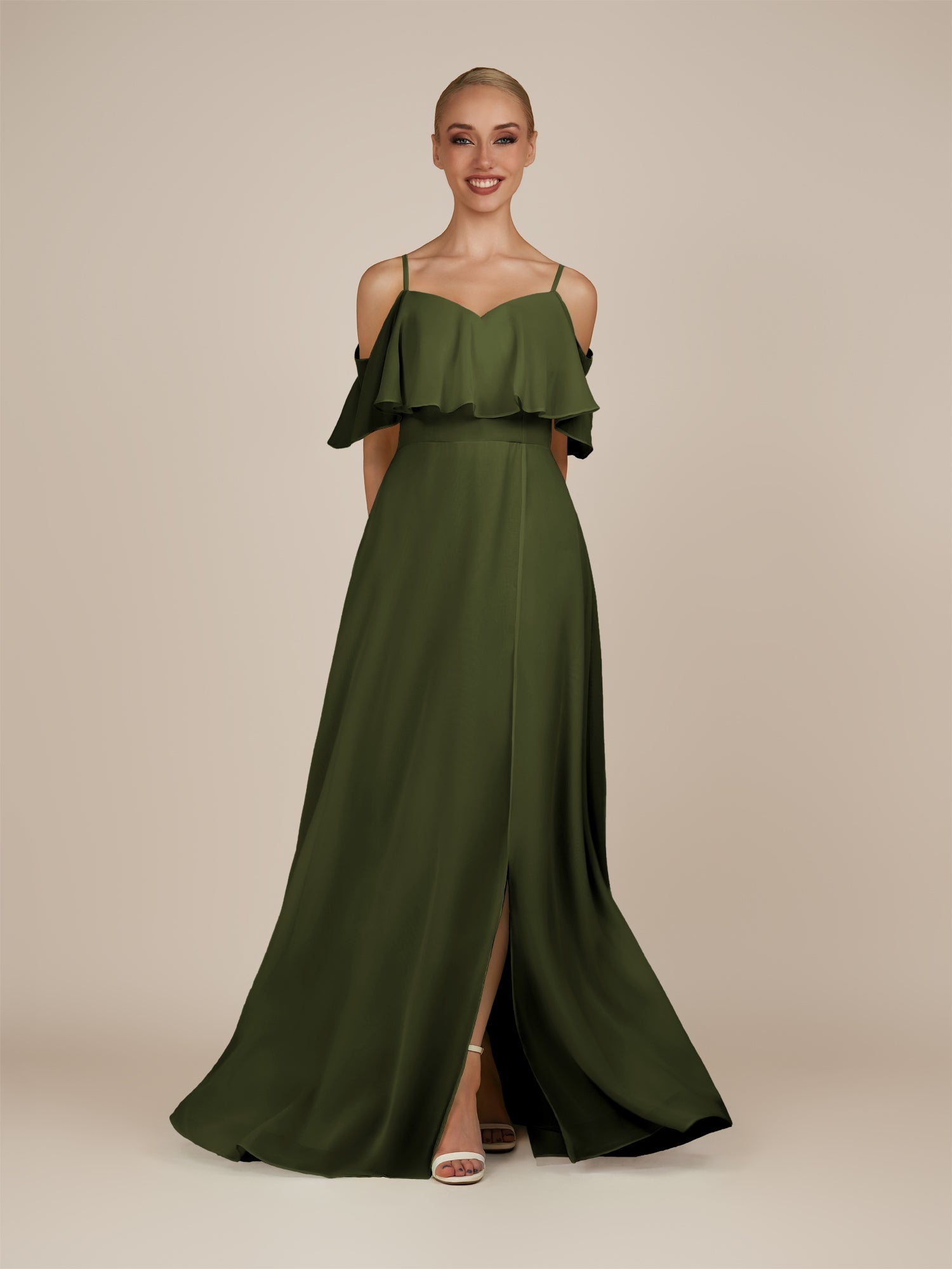 KissDress-Eira Olive A Line Chiffon Off the Shoulder Ruffled Overlay Long Bridesmaid Dress with Slit