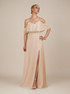 KissDress-Eira Pale Blush A Line Chiffon Off the Shoulder Ruffled Overlay Long Bridesmaid Dress with Slit