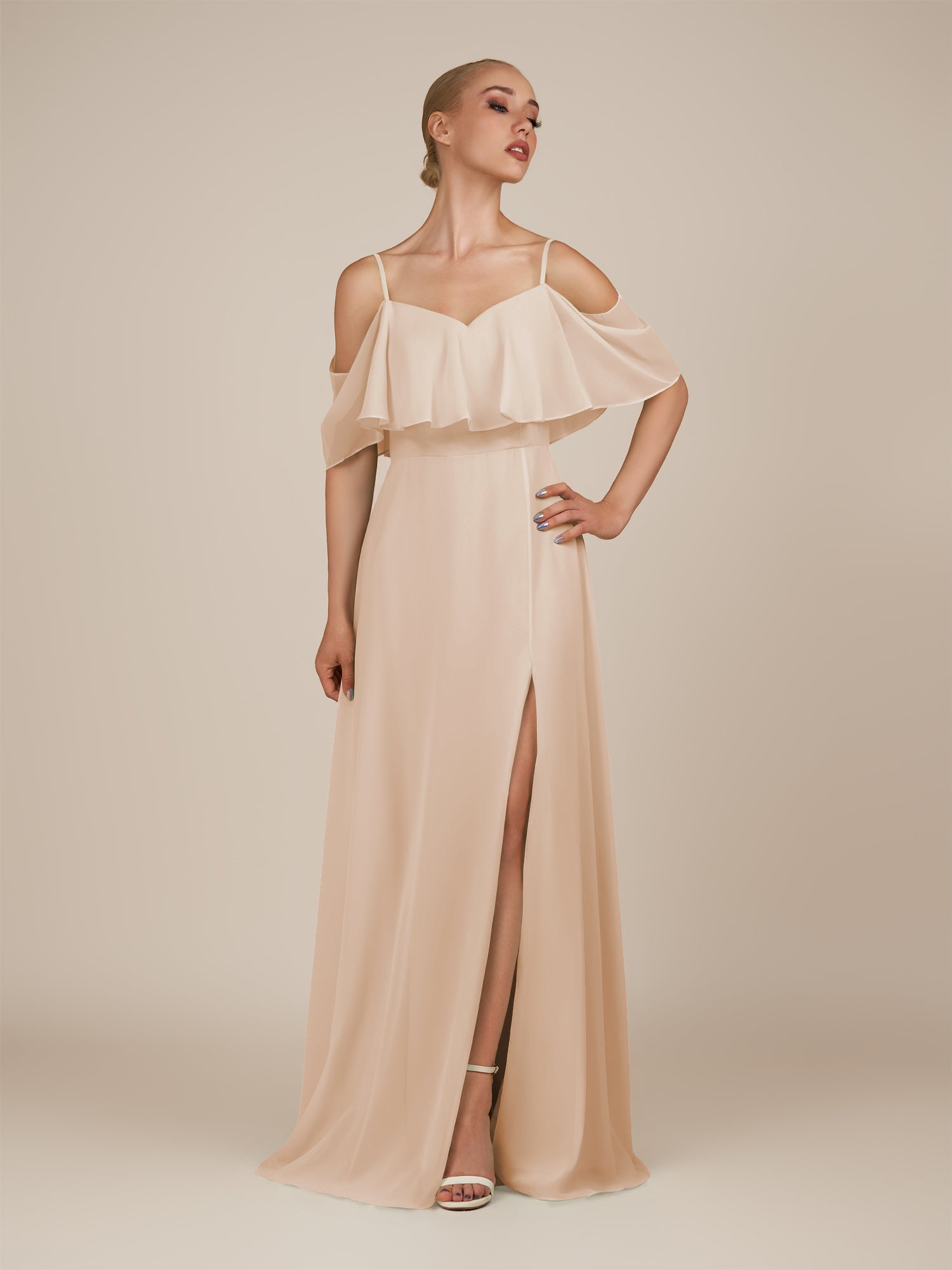 KissDress-Eira Pale Blush A Line Chiffon Off the Shoulder Ruffled Overlay Long Bridesmaid Dress with Slit