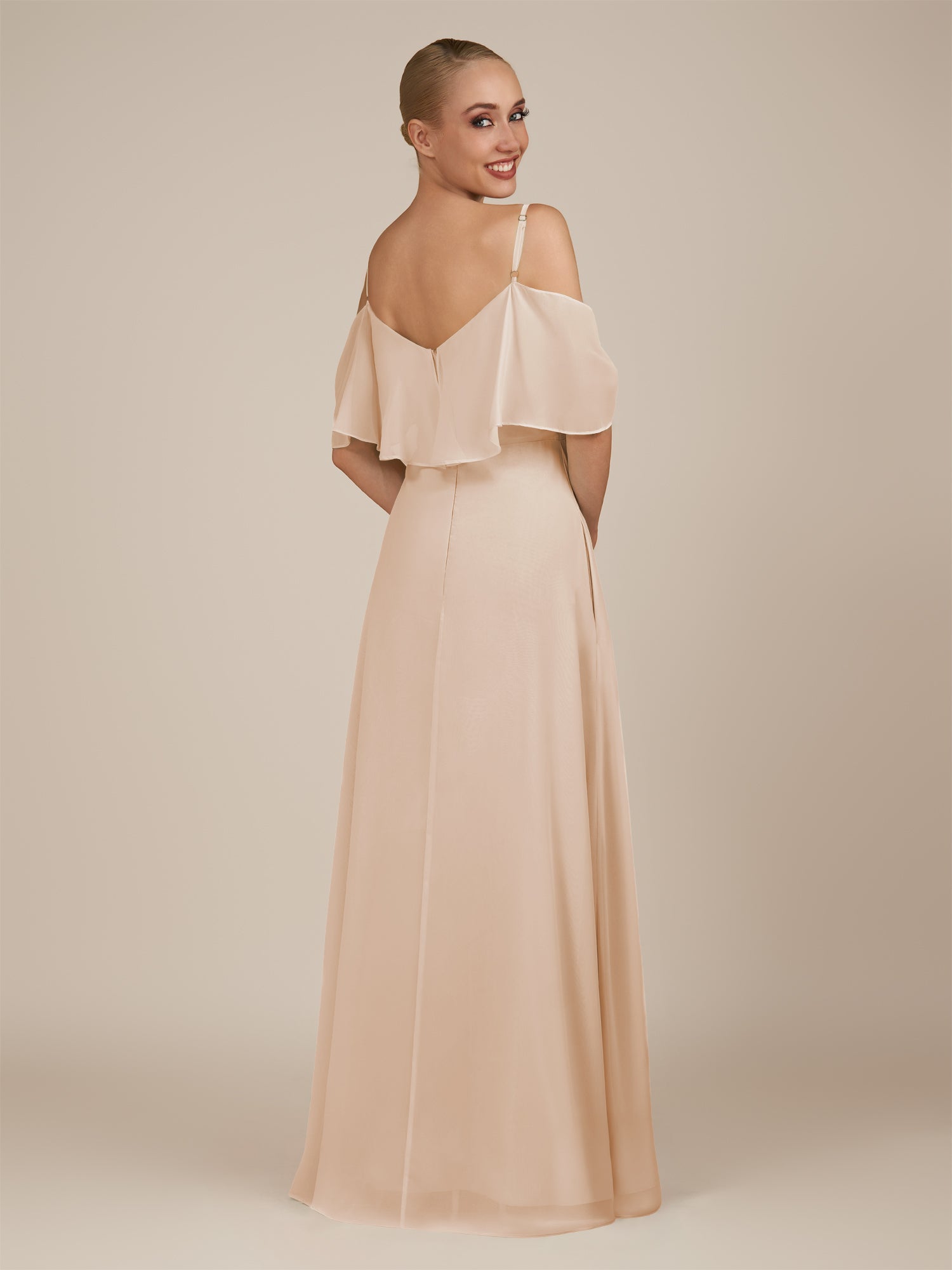 KissDress-Eira Pale Blush A Line Chiffon Off the Shoulder Ruffled Overlay Long Bridesmaid Dress with Slit