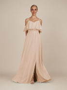 KissDress-Eira Pale Blush A Line Chiffon Off the Shoulder Ruffled Overlay Long Bridesmaid Dress with Slit