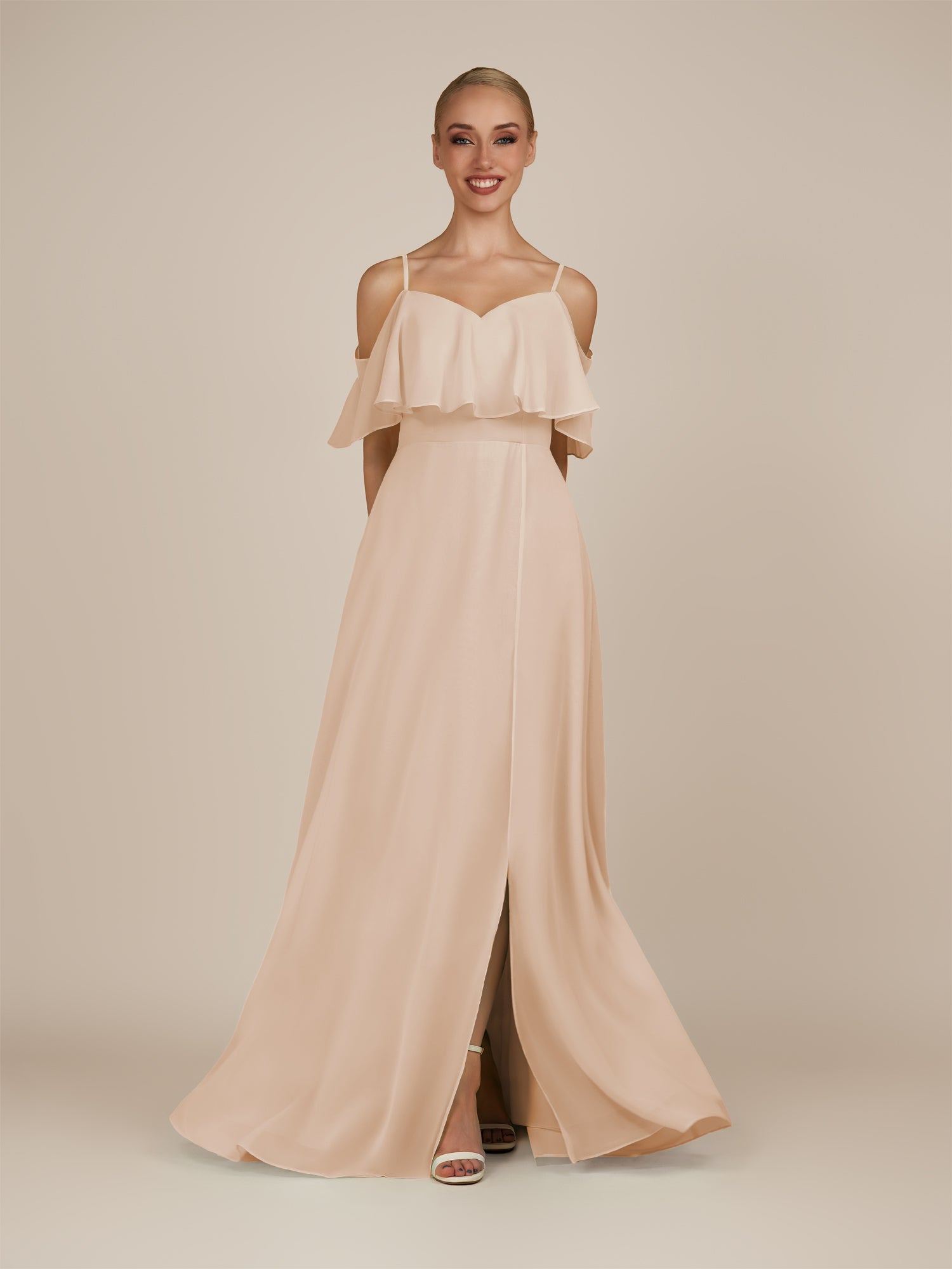KissDress-Eira Pale Blush A Line Chiffon Off the Shoulder Ruffled Overlay Long Bridesmaid Dress with Slit