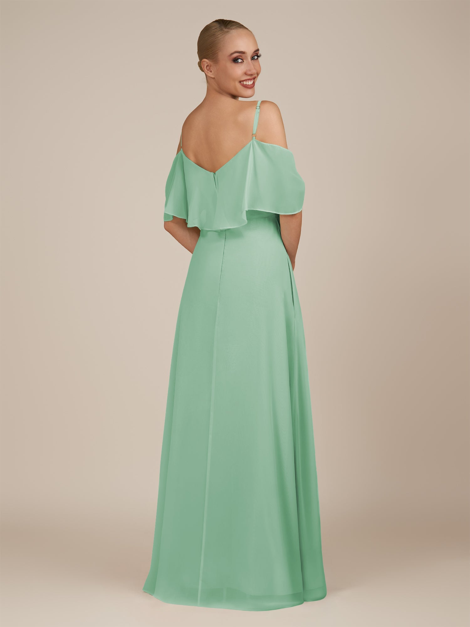 KissDress-Eira Pale Pistachio A Line Chiffon Off the Shoulder Ruffled Overlay Long Bridesmaid Dress with Slit