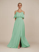 KissDress-Eira Pale Pistachio A Line Chiffon Off the Shoulder Ruffled Overlay Long Bridesmaid Dress with Slit