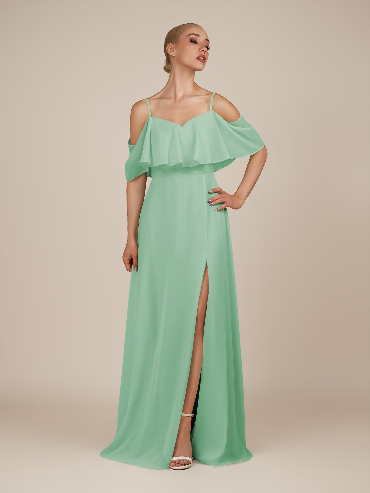 KissDress-Eira Pale Pistachio A Line Chiffon Off the Shoulder Ruffled Overlay Long Bridesmaid Dress with Slit
