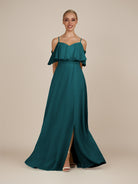 KissDress-Eira Pine A Line Chiffon Off the Shoulder Ruffled Overlay Long Bridesmaid Dress with Slit