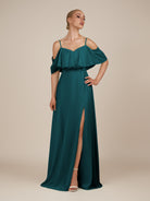 KissDress-Eira Pine A Line Chiffon Off the Shoulder Ruffled Overlay Long Bridesmaid Dress with Slit