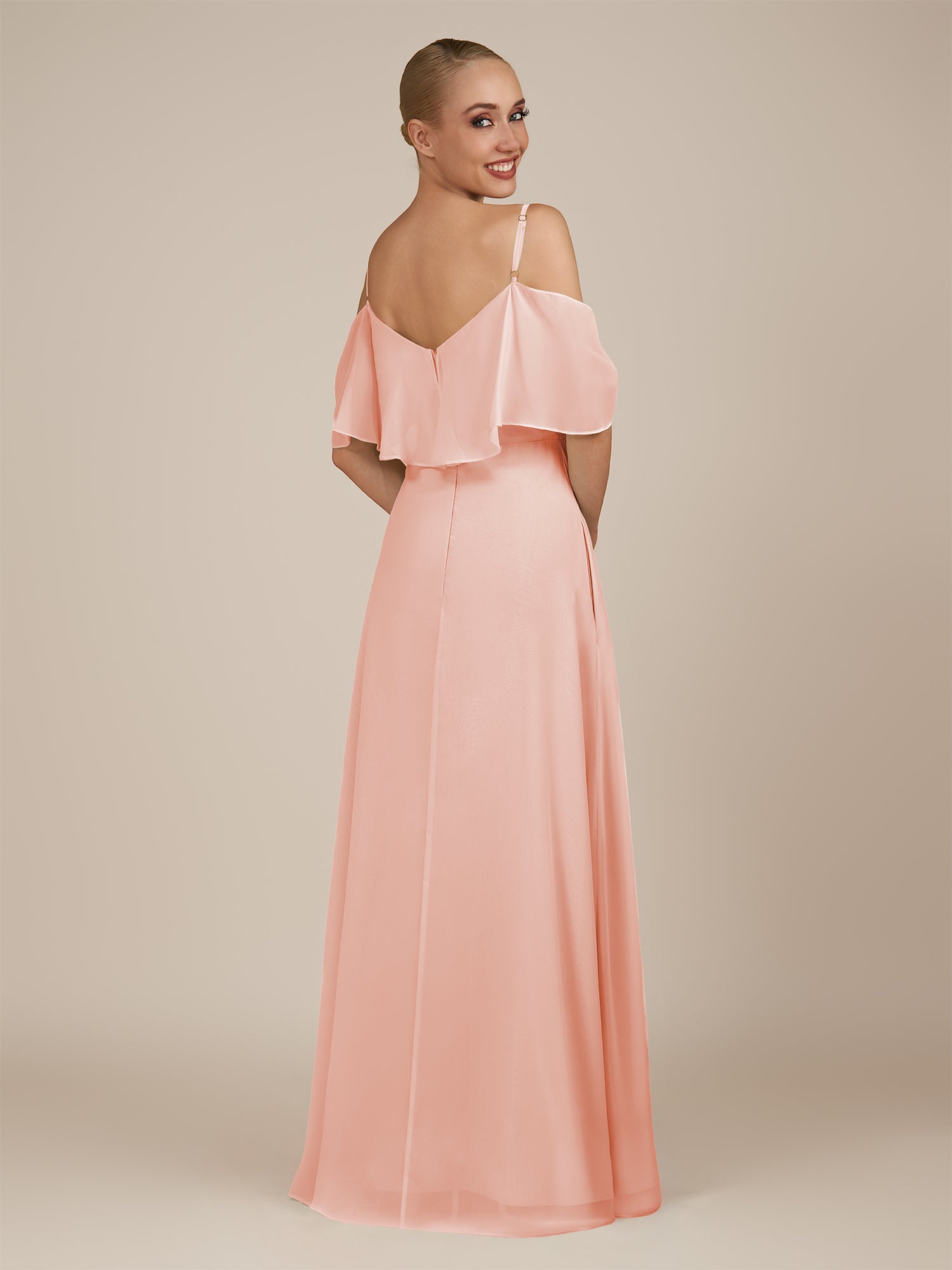 KissDress-Eira Rose Petal A Line Chiffon Off the Shoulder Ruffled Overlay Long Bridesmaid Dress with Slit