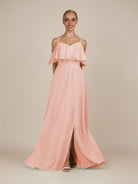 KissDress-Eira Rose Petal A Line Chiffon Off the Shoulder Ruffled Overlay Long Bridesmaid Dress with Slit