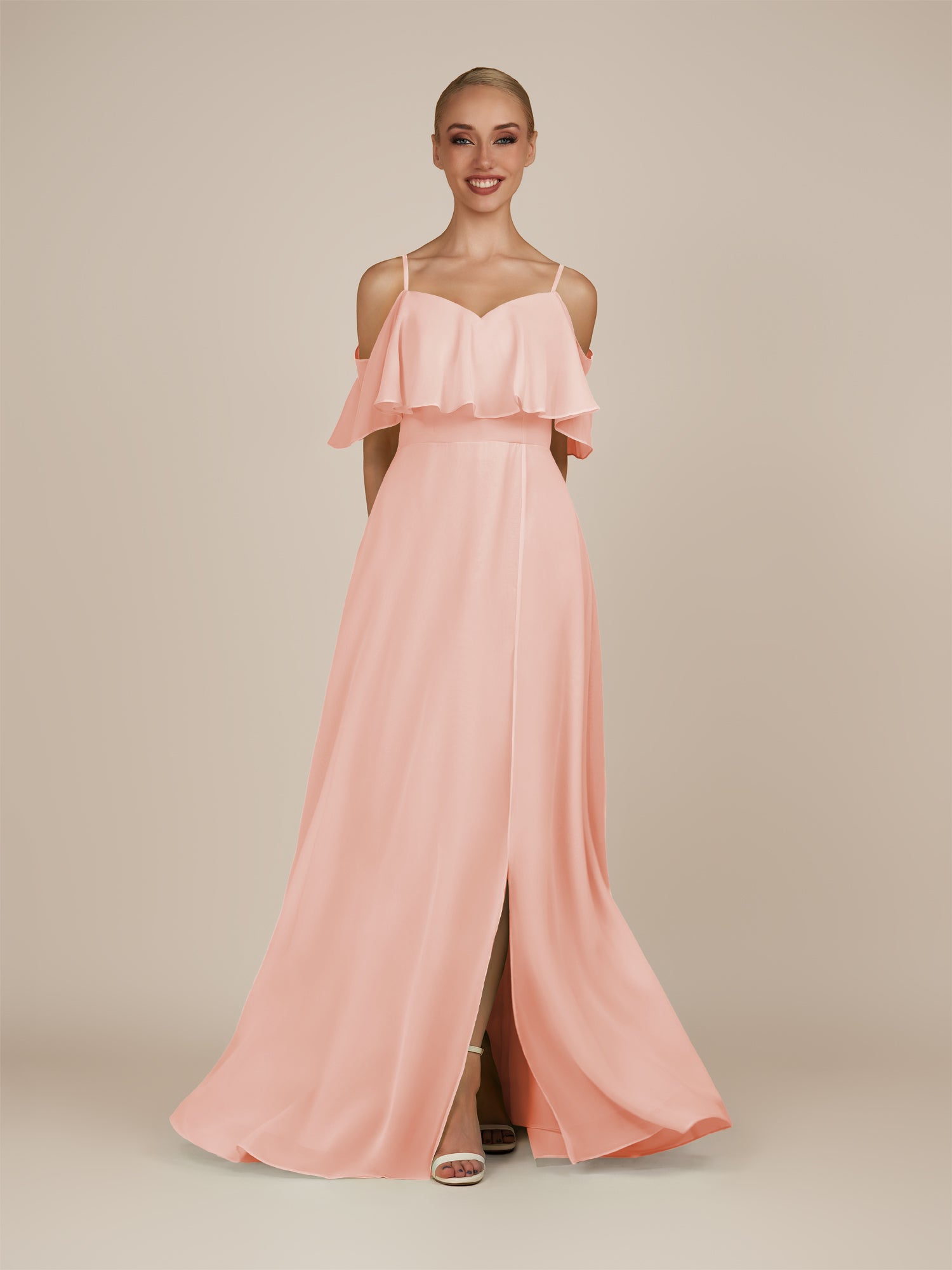 KissDress-Eira Rose Petal A Line Chiffon Off the Shoulder Ruffled Overlay Long Bridesmaid Dress with Slit