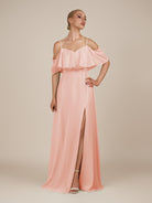 KissDress-Eira Rose Petal A Line Chiffon Off the Shoulder Ruffled Overlay Long Bridesmaid Dress with Slit
