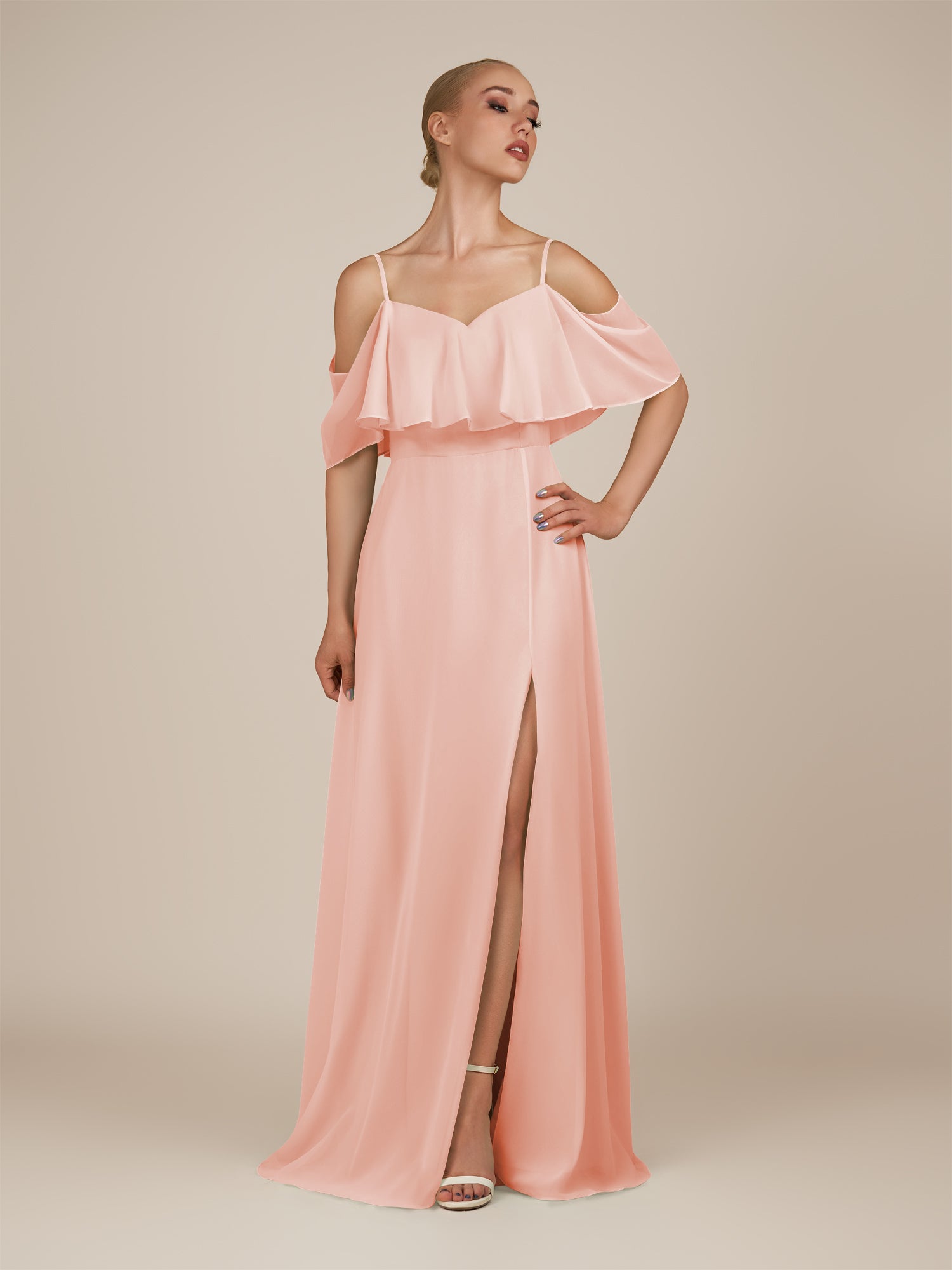 KissDress-Eira Rose Petal A Line Chiffon Off the Shoulder Ruffled Overlay Long Bridesmaid Dress with Slit
