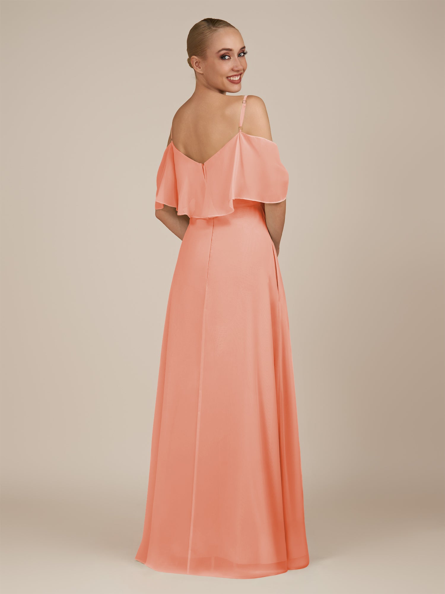 KissDress-Eira Rosette A Line Chiffon Off the Shoulder Ruffled Overlay Long Bridesmaid Dress with Slit