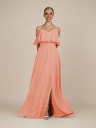 KissDress-Eira Rosette A Line Chiffon Off the Shoulder Ruffled Overlay Long Bridesmaid Dress with Slit
