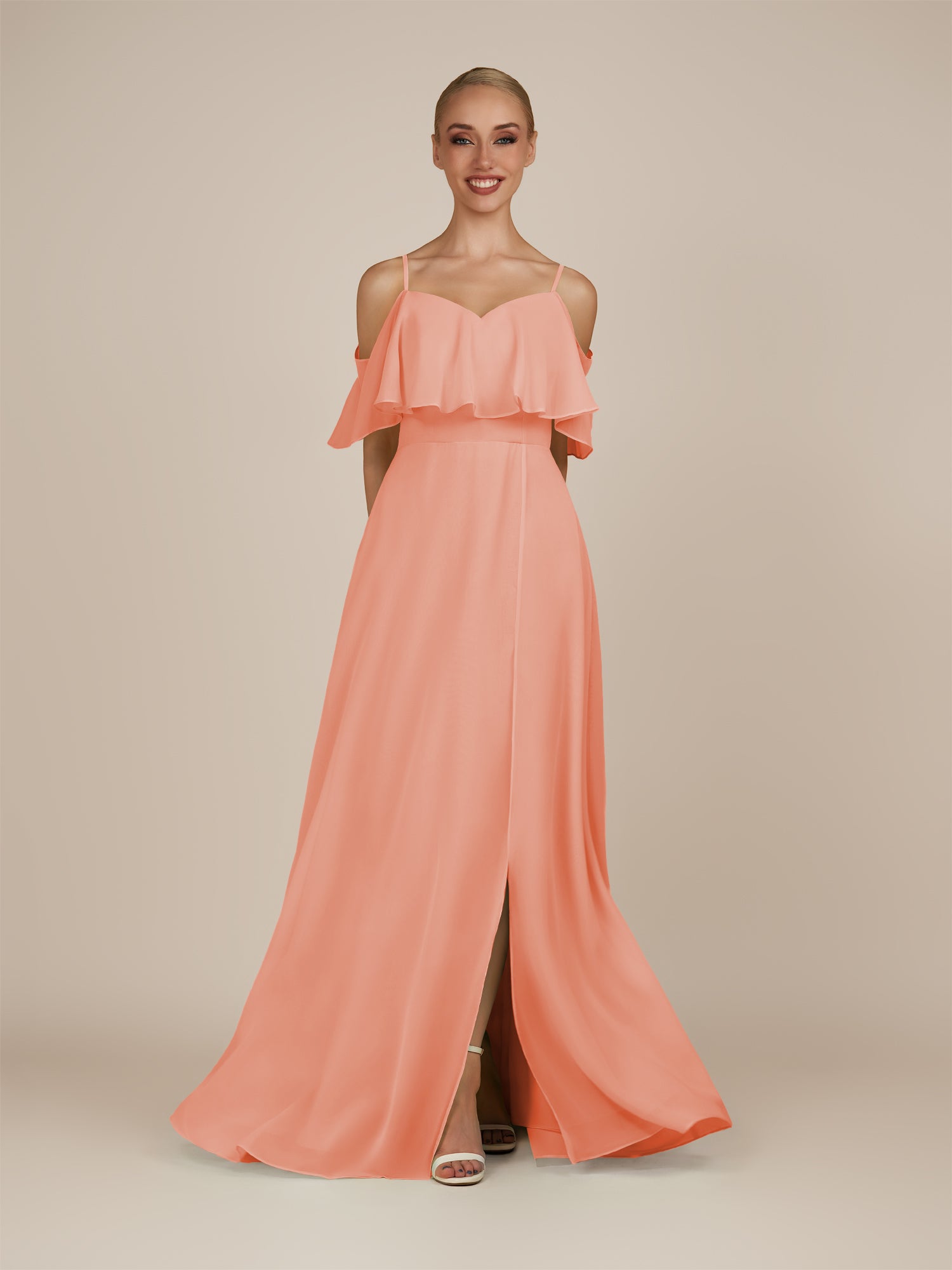 KissDress-Eira Rosette A Line Chiffon Off the Shoulder Ruffled Overlay Long Bridesmaid Dress with Slit