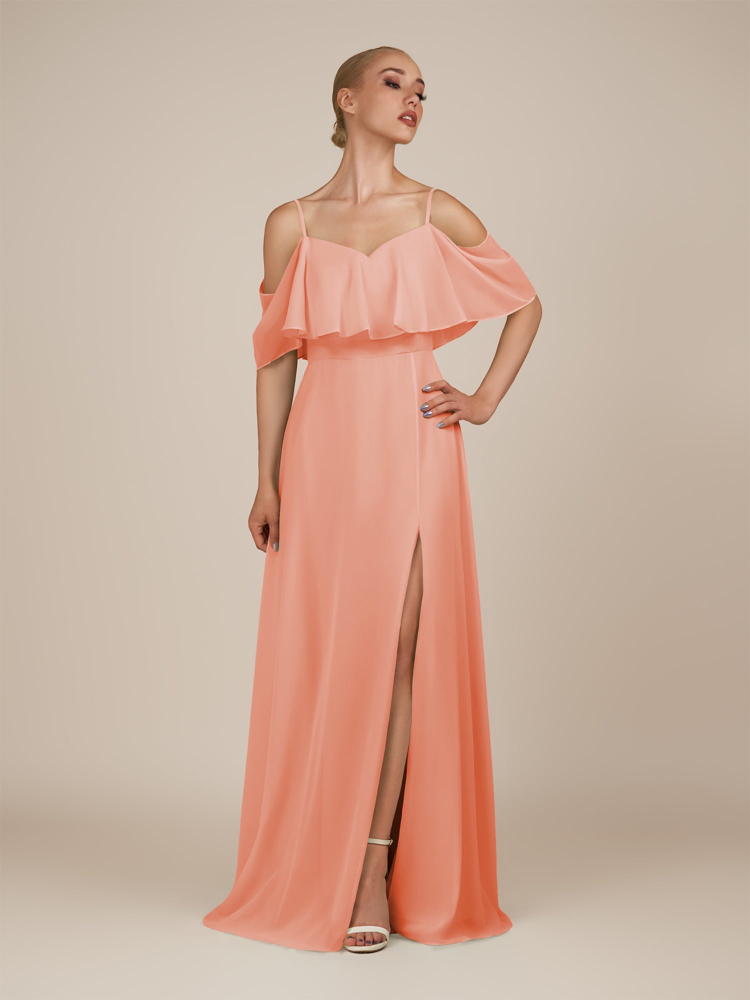 KissDress-Eira Rosette A Line Chiffon Off the Shoulder Ruffled Overlay Long Bridesmaid Dress with Slit