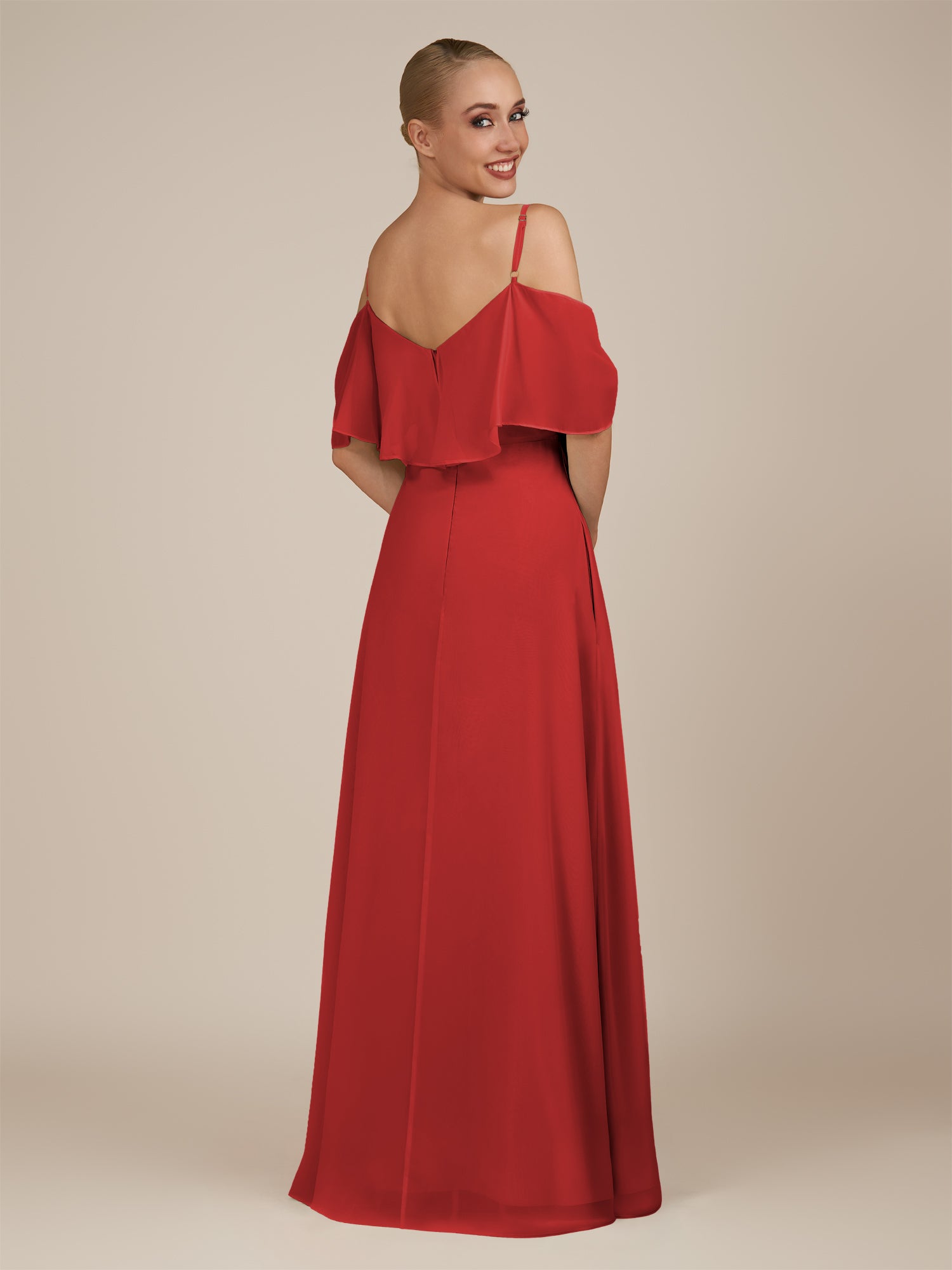 KissDress-Eira Ruby Red A Line Chiffon Off the Shoulder Ruffled Overlay Long Bridesmaid Dress with Slit