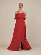 KissDress-Eira Ruby Red A Line Chiffon Off the Shoulder Ruffled Overlay Long Bridesmaid Dress with Slit