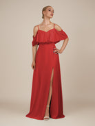 KissDress-Eira Ruby Red A Line Chiffon Off the Shoulder Ruffled Overlay Long Bridesmaid Dress with Slit