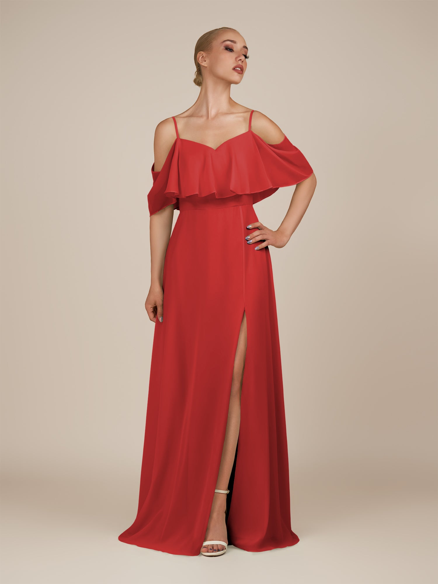 KissDress-Eira Ruby Red A Line Chiffon Off the Shoulder Ruffled Overlay Long Bridesmaid Dress with Slit
