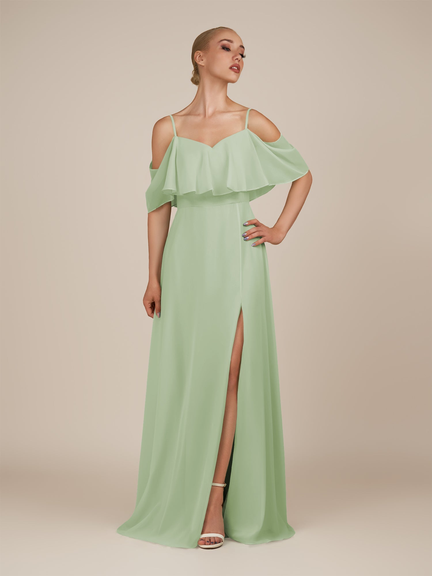 KissDress-Eira Sage A Line Chiffon Off the Shoulder Ruffled Overlay Long Bridesmaid Dress with Slit