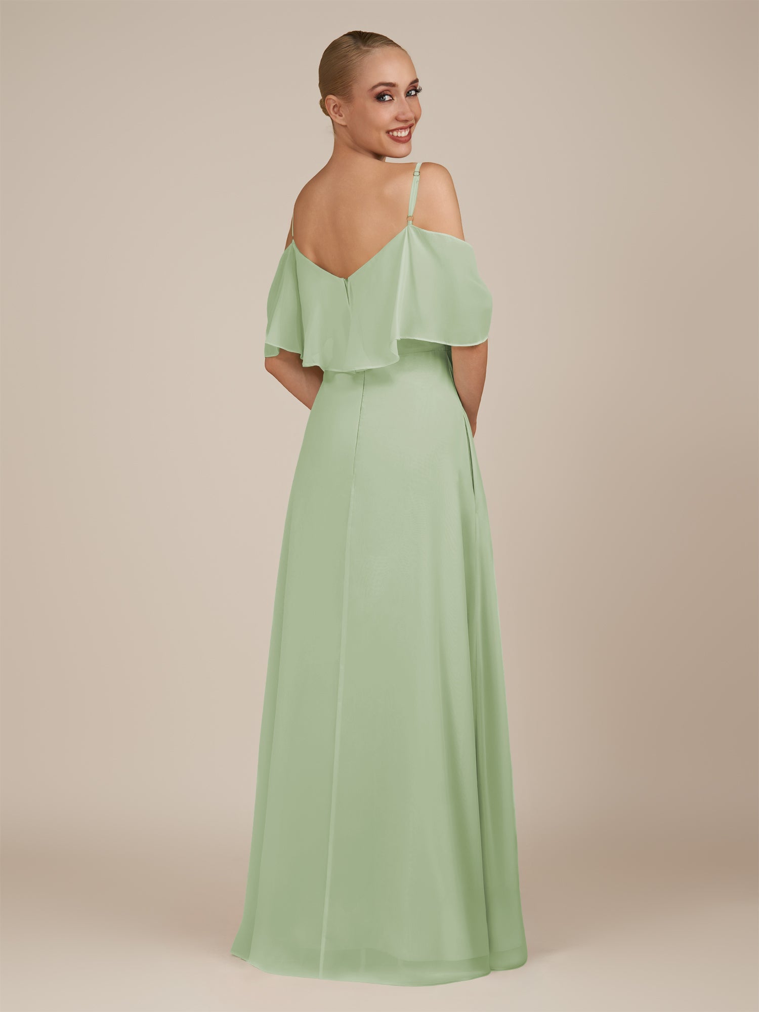 KissDress-Eira Sage A Line Chiffon Off the Shoulder Ruffled Overlay Long Bridesmaid Dress with Slit