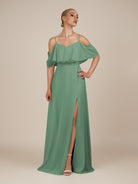 KissDress-Eira Sea Glass A Line Chiffon Off the Shoulder Ruffled Overlay Long Bridesmaid Dress with Slit