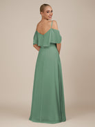 KissDress-Eira Sea Glass A Line Chiffon Off the Shoulder Ruffled Overlay Long Bridesmaid Dress with Slit