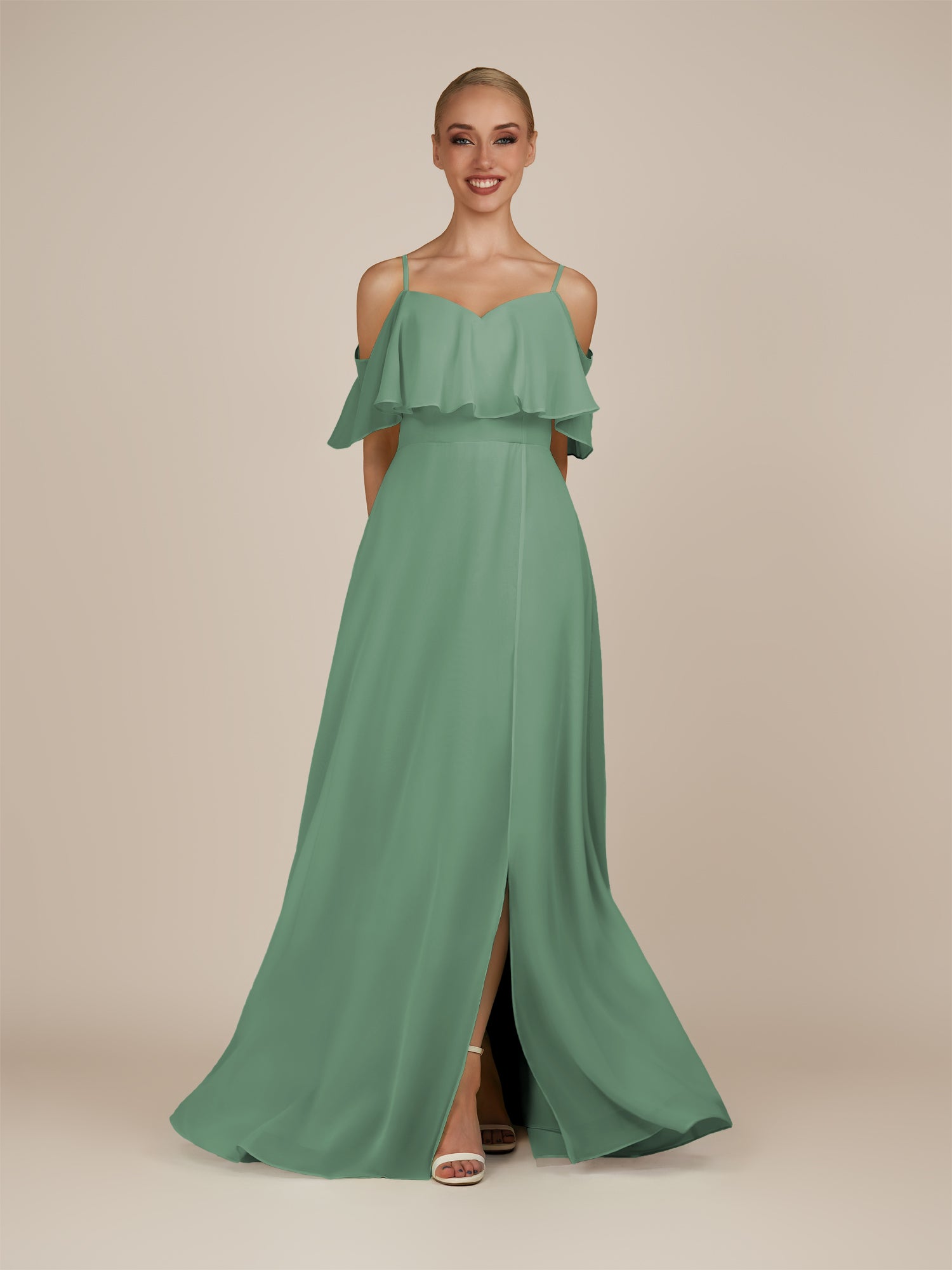 KissDress-Eira Sea Glass A Line Chiffon Off the Shoulder Ruffled Overlay Long Bridesmaid Dress with Slit