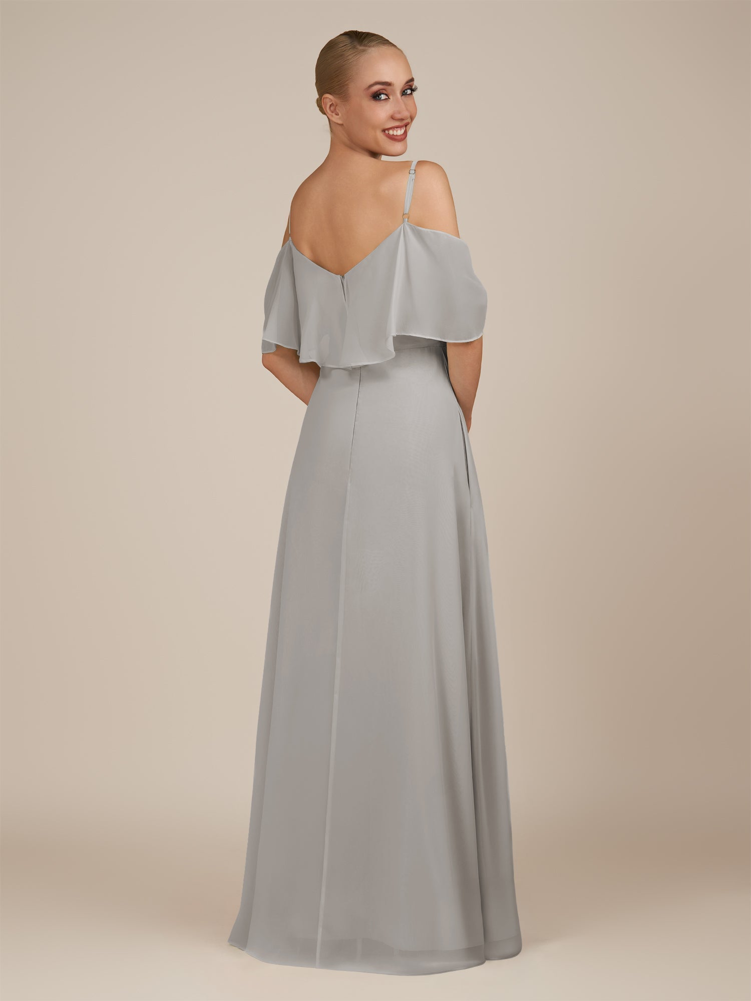 KissDress-Eira Silver A Line Chiffon Off the Shoulder Ruffled Overlay Long Bridesmaid Dress with Slit