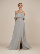 KissDress-Eira Silver A Line Chiffon Off the Shoulder Ruffled Overlay Long Bridesmaid Dress with Slit