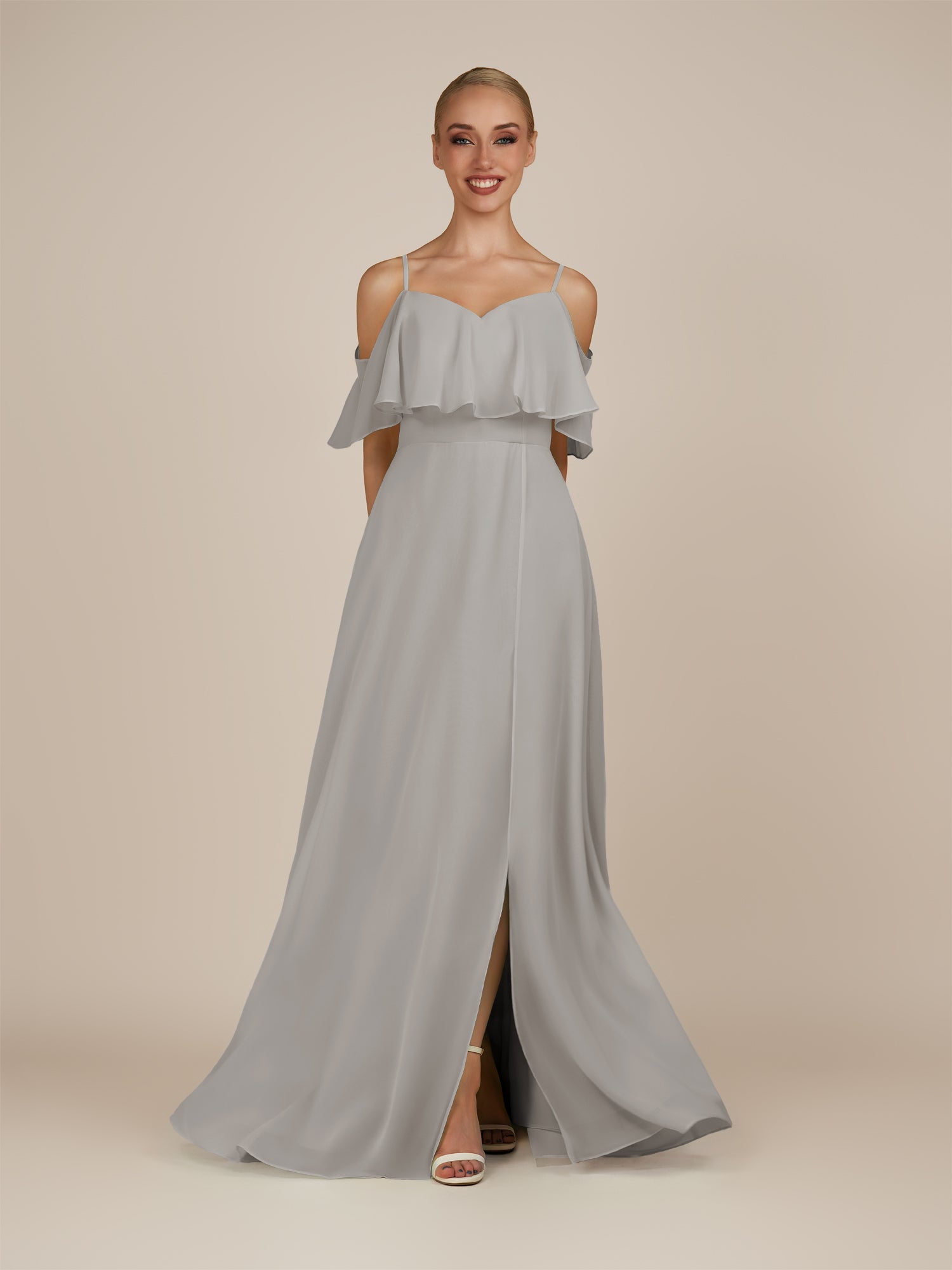 KissDress-Eira Silver A Line Chiffon Off the Shoulder Ruffled Overlay Long Bridesmaid Dress with Slit