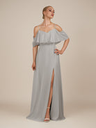 KissDress-Eira Silver A Line Chiffon Off the Shoulder Ruffled Overlay Long Bridesmaid Dress with Slit