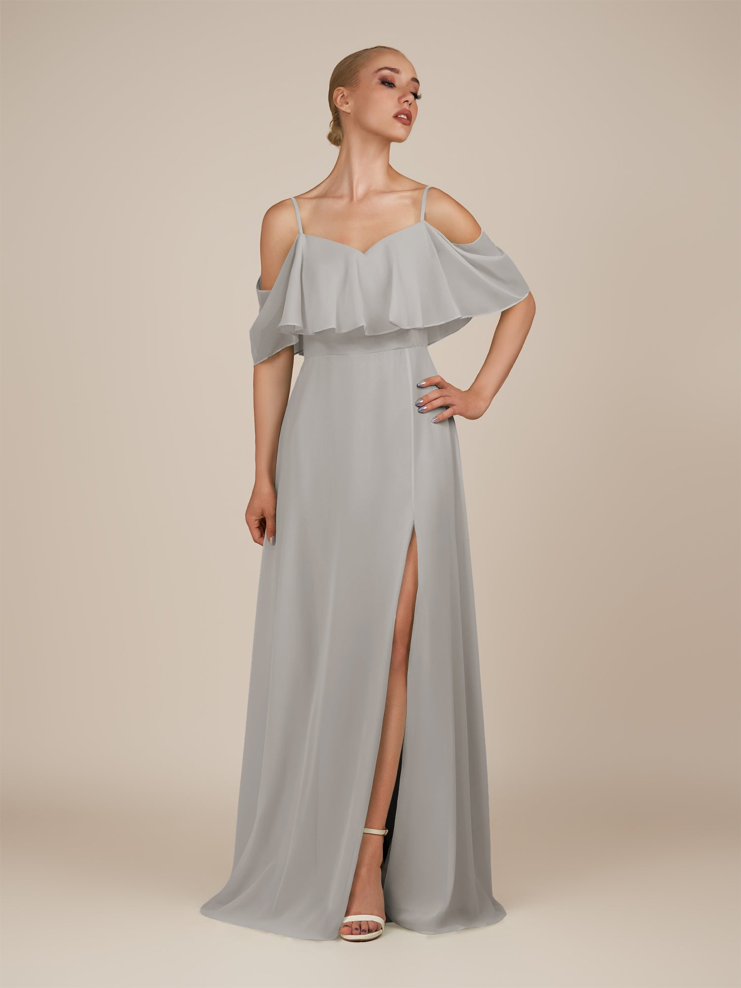 KissDress-Eira Silver A Line Chiffon Off the Shoulder Ruffled Overlay Long Bridesmaid Dress with Slit