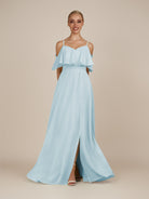KissDress-Eira Sky Blue A Line Chiffon Off the Shoulder Ruffled Overlay Long Bridesmaid Dress with Slit