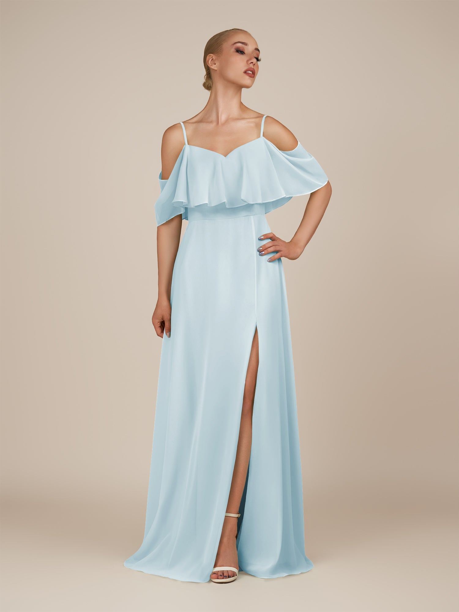 KissDress-Eira Sky Blue A Line Chiffon Off the Shoulder Ruffled Overlay Long Bridesmaid Dress with Slit