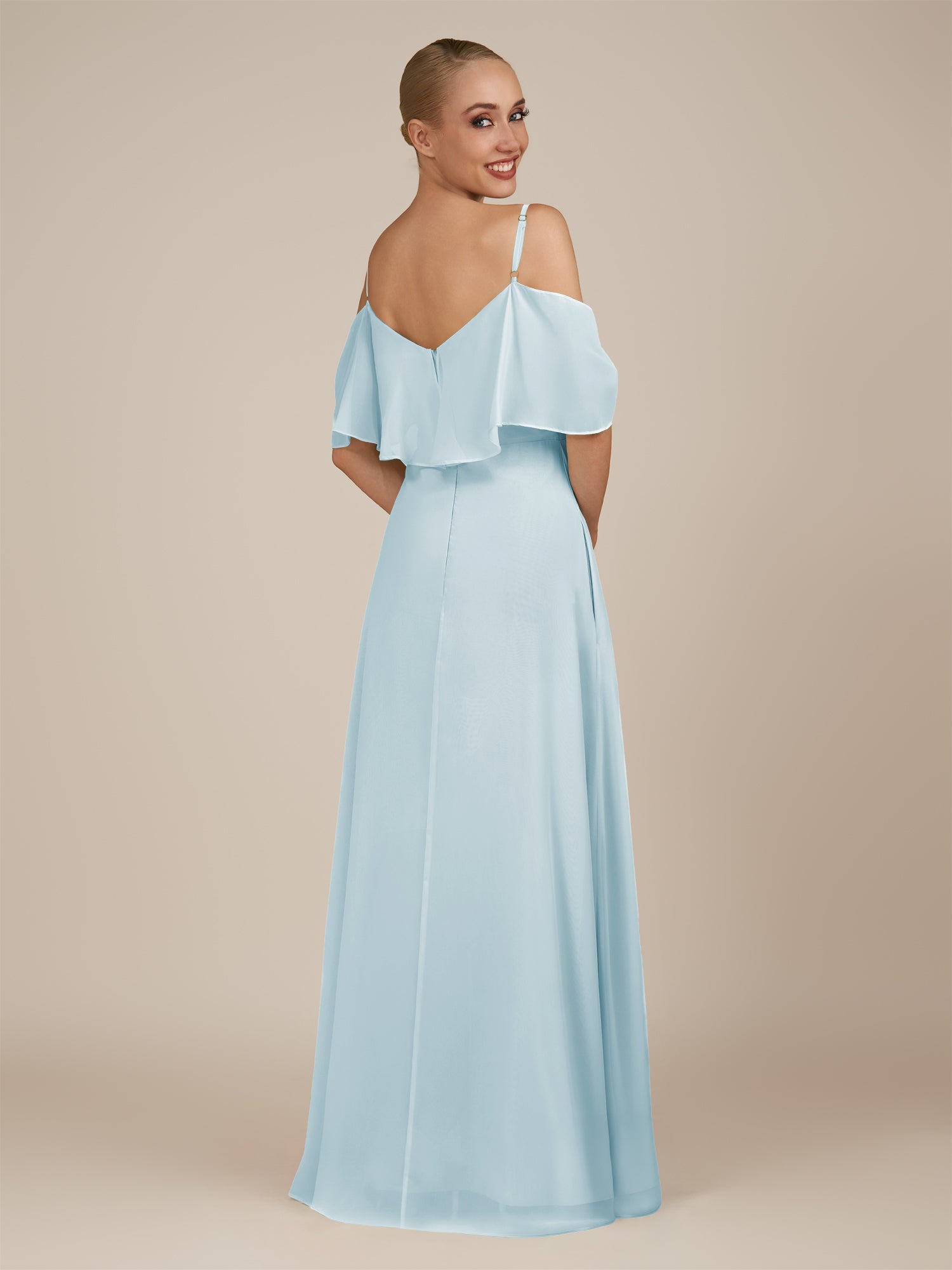 KissDress-Eira Sky Blue A Line Chiffon Off the Shoulder Ruffled Overlay Long Bridesmaid Dress with Slit