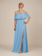 KissDress-Eira Steel Blue A Line Chiffon Off the Shoulder Ruffled Overlay Long Bridesmaid Dress with Slit
