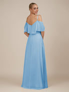 KissDress-Eira Steel Blue A Line Chiffon Off the Shoulder Ruffled Overlay Long Bridesmaid Dress with Slit