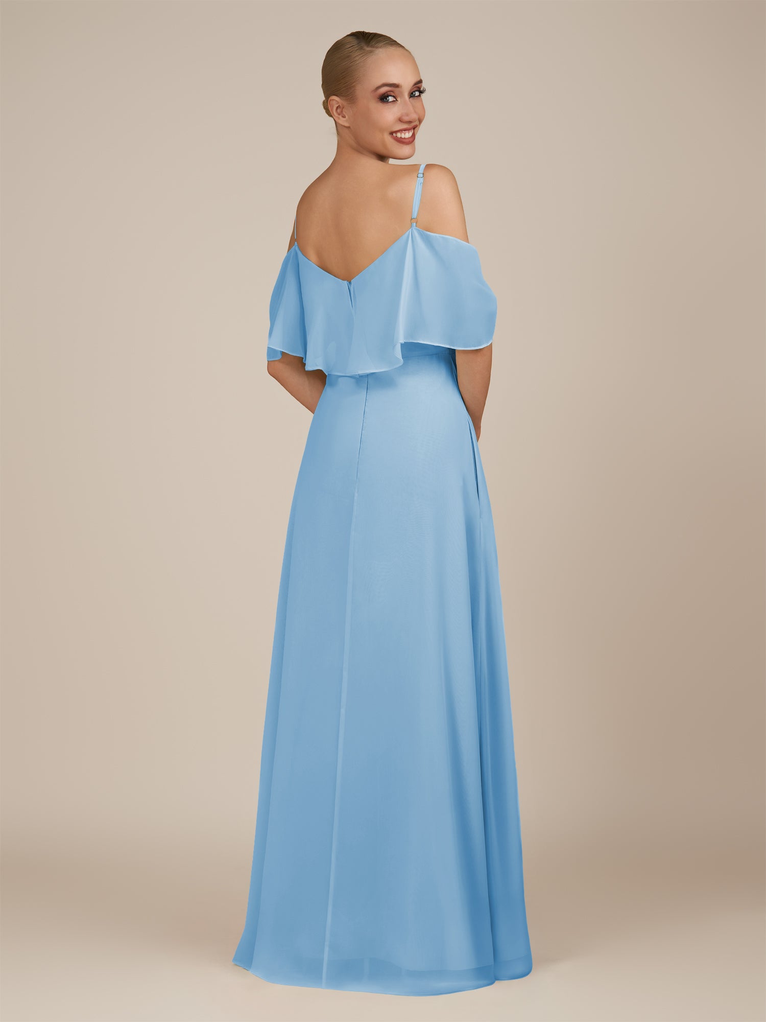 KissDress-Eira Steel Blue A Line Chiffon Off the Shoulder Ruffled Overlay Long Bridesmaid Dress with Slit