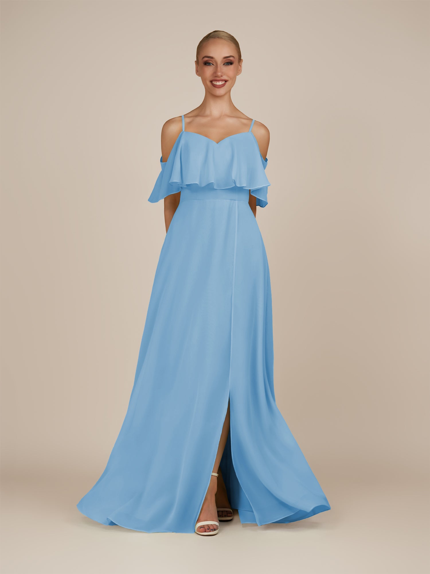 KissDress-Eira Steel Blue A Line Chiffon Off the Shoulder Ruffled Overlay Long Bridesmaid Dress with Slit