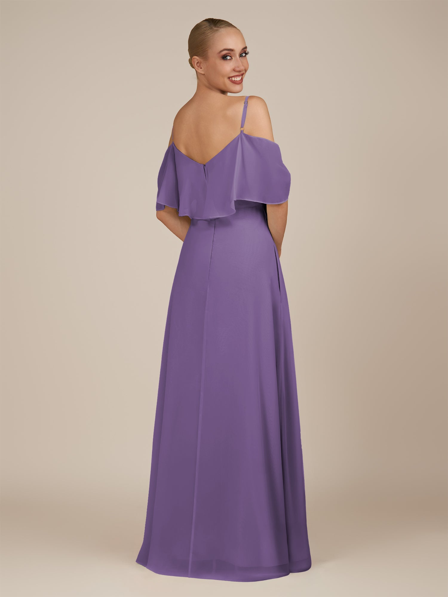 KissDress-Eira Tahiti A Line Chiffon Off the Shoulder Ruffled Overlay Long Bridesmaid Dress with Slit